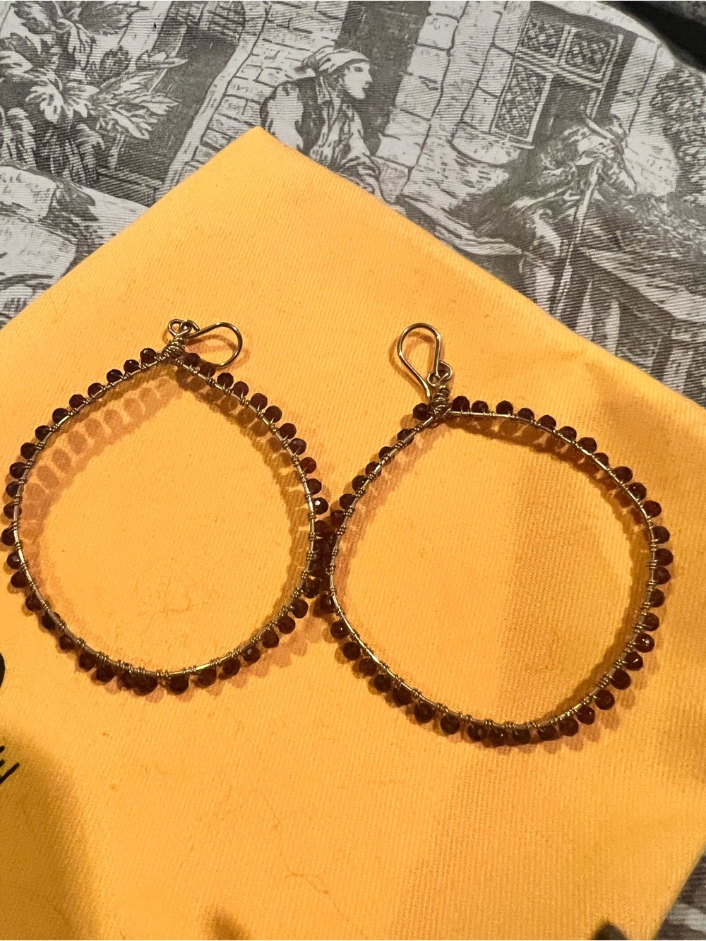 Gold Wire-wrapped Hoop Earrings with Garnet Beads